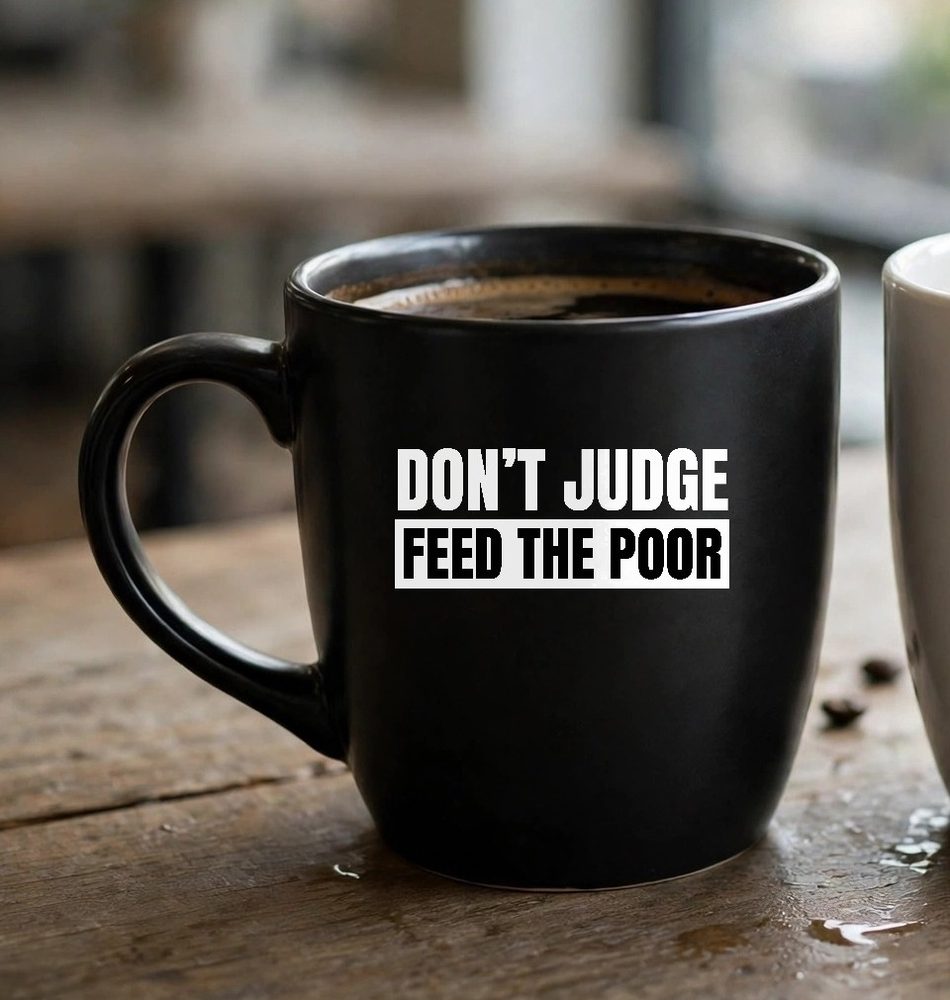 Matte black Don’t Judge mug full of coffee on a rustic wooden café table
