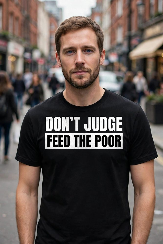 Man wearing the black Don’t Judge T-shirt on a city street