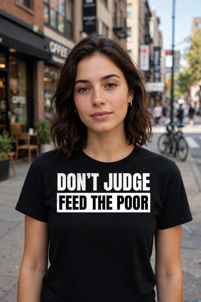 Woman wearing the black Don’t Judge T-shirt outside a sidewalk café